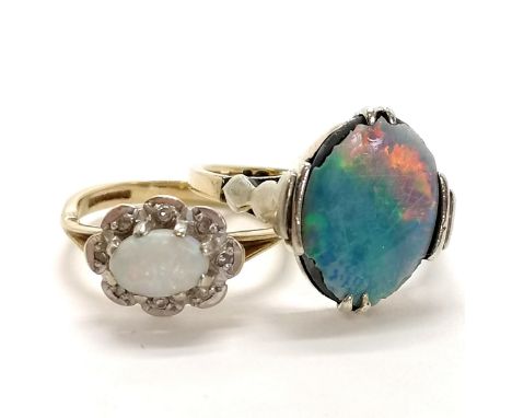 9ct marked gold opal &amp; diamond set ring - size J t/w 9ct marked gold opal ring - size M½ (a/f - stone chipped around rim)