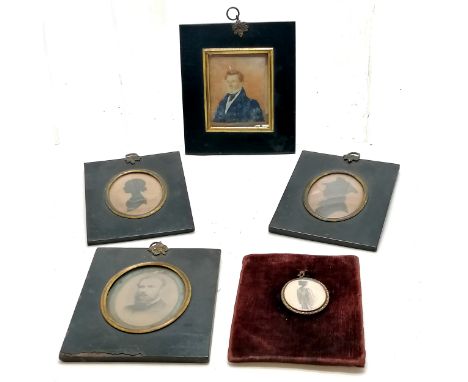 Antique framed watercolour portrait miniature of Lieut. Duncan Frederick Campbell 15cm x 13cm, 2 antique silhouettes and 2 fr