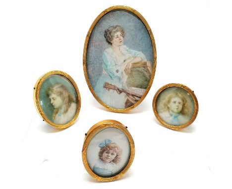 4 antique portrait miniatures (3 of young girls &amp; 1 of a lady with a musical instrument) in gilt brass frames by Moseley 