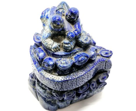 Chinese Lapis Lazuli boulder carving depicting 2 children climbing on a rock. 16cm high x 9cm wide. Good condition.