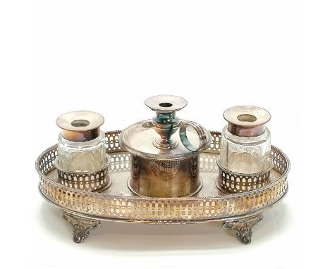 Antique silver plated desk stand with pierced gallery detail (23cm across) with lid to desk tidy as a removable chamber stick