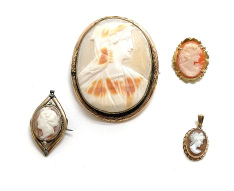 9ct hallmarked gold hand carved cameo shell portrait pendant (2.4cm drop) t/w 2 antique &amp; silver gilt hand carved cameo s