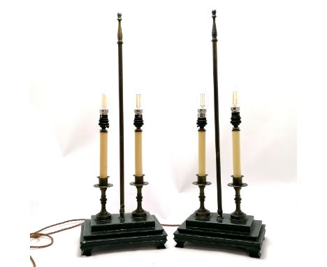 Pair of double candlestick lamps on faux marble painted bases - 69cm high 