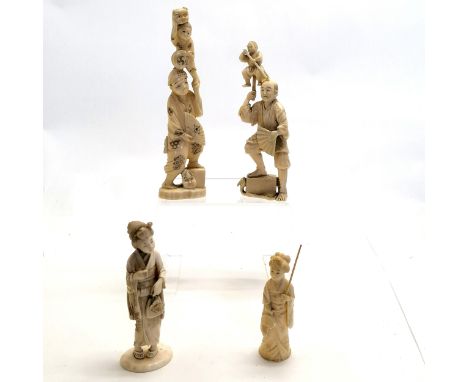 4 x antique hand carved ivory okimono figures - tallest 19cm ~ man with puppet has repairs &amp; tallest geisha has repair to