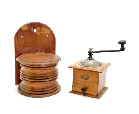 C1850 carved wooden wall mounted salt box 25cm tall T/W a French antique coffee grinder. Both in good used condition, no spli