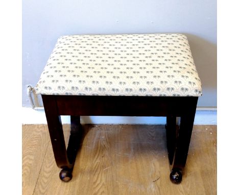 Art Deco upholstered piano/dressing table stool, some loses to varnish otherwise in good used condition. 