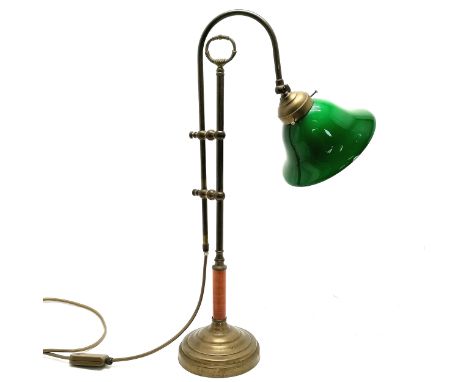 Brass adjustable lamp base with green glass shade - height to handle 59cm 