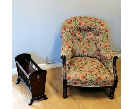 Antique mahogany button backed armchair t/w repro mahogany magazine rack with lions head detailed handles. 80cm high 
