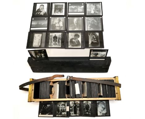 Quantity of antique lantern slides approx. 100 in number in original fitted box with brass and leather mounts 43cm long, lant