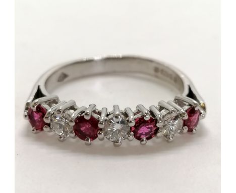 18ct hallmarked white gold ruby (4) &amp; diamond (3) ring - size S &amp; 4.7g total weight 