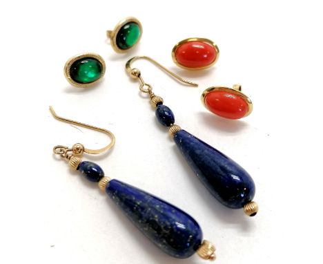 3 pairs of earrings - Unmarked gold lapis drop earrings, unmarked gold coral cabochon earrings with 18ct gold backs, 9ct gold