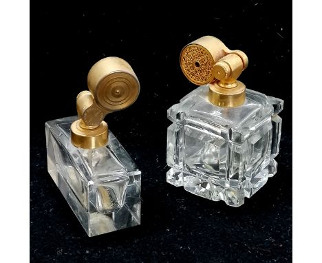 2 x Marcel Franck perfume push button atomisers with gilt metal mechanism to top - tallest 10cm ~ both have chip to base othe
