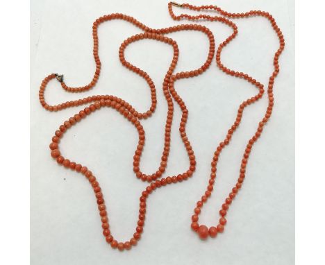 2 x antique coral bead necklaces - longest 100cm 