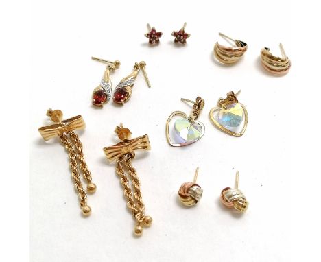 6 x 9ct gold pairs of earrings inc diamond / garnet drop earrings, ruby flower set, bows etc ~ total weight 7.4g - SOLD ON BE