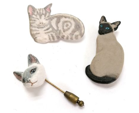 2 x porcelain cat brooches (1 by TS) t/w cat head stick pin 