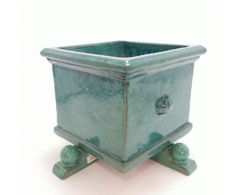 Terracotta green glazed square planter on 3 feet - 27cm square 22cm high 