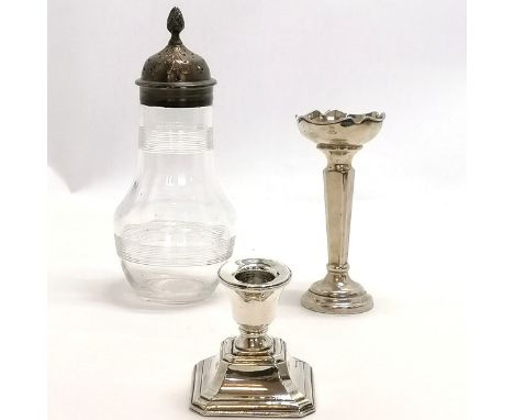 Silver topped glass bodied sugar caster (19cm tall &amp; in good used condition), silver spill vase &amp; silver candlestick 