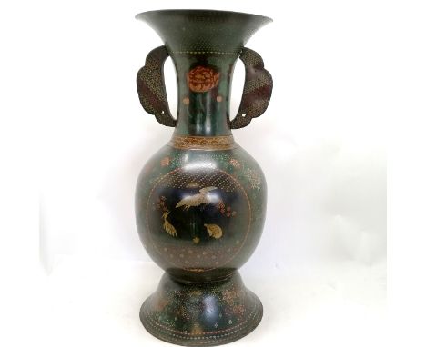 Large scale antique Chinese cloisonne 2 handled floor standing vase - 75cm high &amp; 32cm diameter ~ has some old damage to 