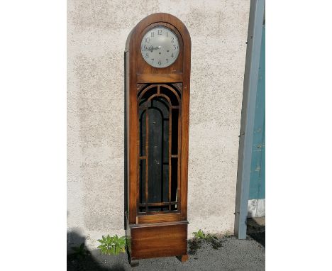 English long cased Art Deco style clock with arched top, A/F &amp; glass to door separate. Has pendulum and weights - 175cm h