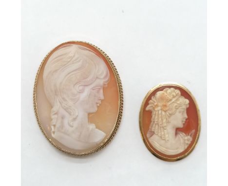 Unmarked gold hand carved shell cameo portrait brooch (4.5cm drop &amp; 12.4g total weight &amp; has a stress fracture) t/w 1