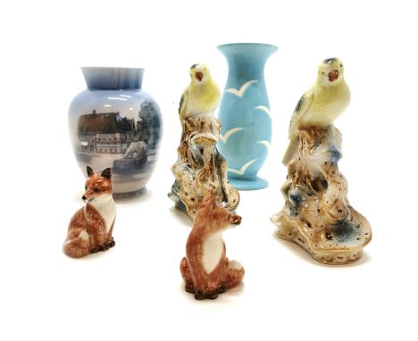 Qty of ceramics inc West German blue vase #3575, Royal Copenhagen vase #4959, Quail pair of fox salt / pepper &amp; Brazilian