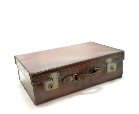 Antique army &amp; navy store brown leather suitcase - 61cm x 18cm x 36cm - has obvious wear 