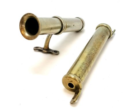 2 antique coaching whip holders 1 is nickel with an angled bracket, the other brass - longest 23cm
