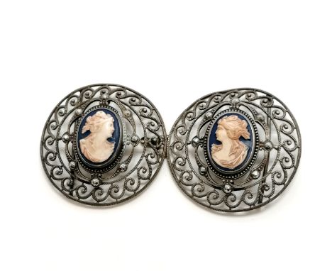 Vintage metal buckle set with cut steel decoration &amp; 2 portrait detailed centres - total length (closed) 13cm 