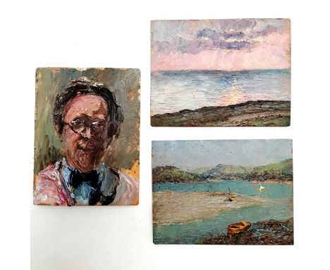 3 x small oil paintings by Piero Sansalvadore (1892-1955) inc self-portrait (9.7cm x 7.5cm) &amp; sunset on the South coast f
