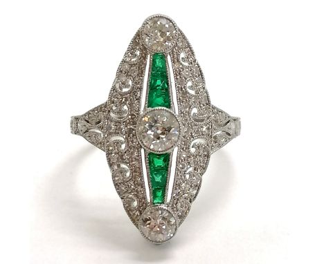 Platinum marked ring set with diamonds &amp; emeralds in Art Deco style by JoAq - size N &amp; 5.1g total weight ~ centre sto