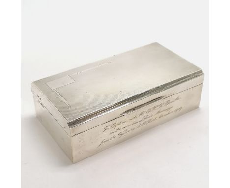 1939 silver cigarette box (with wooden interior &amp; loaded base) by Walker &amp; Hall with inscription to Captain O H R Bea