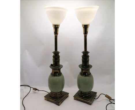 Pair of green ceramic and brass lamp bases with white glass shades - 85cm high 