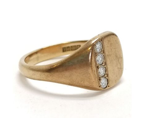 9ct hallmarked gold gents signet ring set with 4 diamonds - size R &amp; 4.8g total weight 