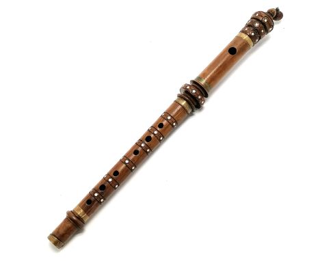 Indian (?) hardwood wind instrument with brass &amp; inlaid decoration - 42cm long 