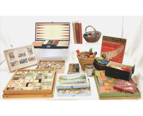 Qty of games inc cased backgammon, skittles, wooden building blocks, jigsaws, card game books, wooden cased jigsaw blocks etc