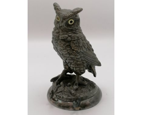 Novelty Owl inkwell and pen holder, britannia metal set with glass eyes (old repair to one part of the pen holder) - 17cm hig