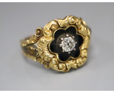 A William IV gold (tests as 14ct) and black enamel memorial ring set with a single diamond, size K/L, gross 3.6 grams, inscri