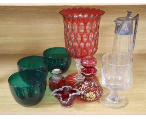 A claret jug with plated mount, Victorian rummer, three Bristol green glass bowls, ruby and cranberry glassware etc.