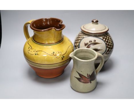 Two studio pottery jugs, one by Paul Barron of Farnham and a lidded jar, by Jonathan Chiswell Jones of Hankham