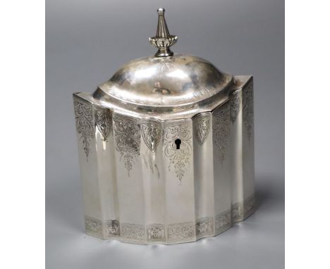 A late Victorian 18th century style shaped oval tea caddy, John Edward Wilmot, Birmingham, 1894 (repaired), height 15.2cm, gr