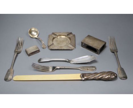 A silver-mounted ivory page turner and a miscellaneous silver items, comprising a set of three Victorian table forks, a Victo