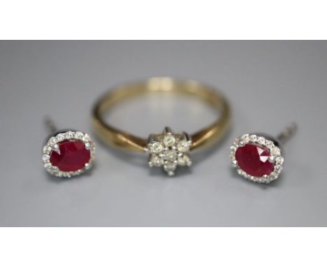 A pair of ruby and diamond cluster earrings, 18ct white gold setting, gross 1.6 grams (no butterflies) and a 9ct yellow gold 