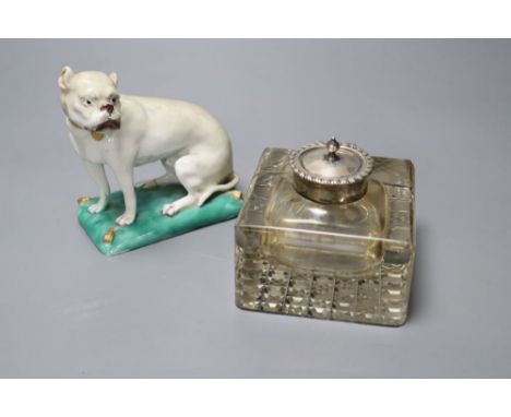 A Continental porcelain model of a mastiff and a silver-mounted glass inkwell