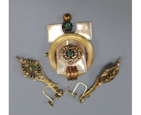 A Victorian yellow metal, black enamel, emerald and seed pearl set drop brooch and pair of matching ear clips, brooch 51mm, g