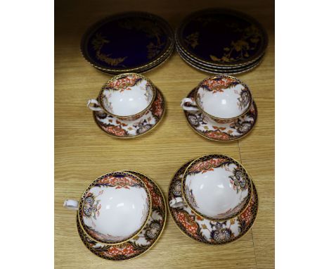 Copeland blue and gilt plates and four Royal Crown Derby cups and saucers