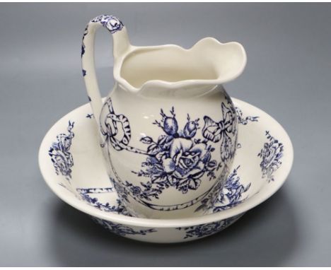 A James Kent earthenware blue printed jug and basin, jug height 20cm