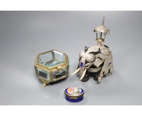 A South Staffordshire enamel box, a silver-mounted ebony elephant and a gilt box