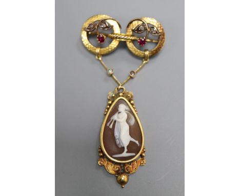 A Victorian yellow metal, ruby, rose cut diamond and carved cameo shell set drop pendant brooch, 61mm, gross 8 grams, possibl