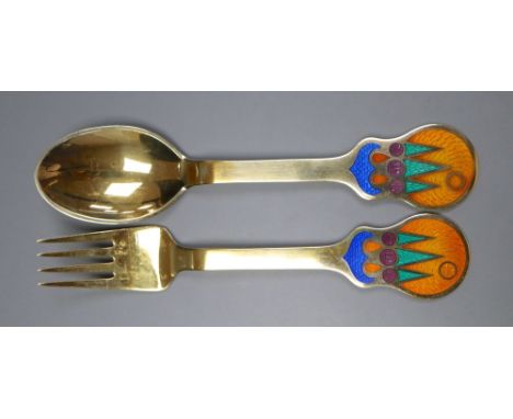 A Danish, Lars Akirke for Michelsen, July, 1979 silver gilt and enamel fork and spoon, 16.5cm, gross 94 grams.