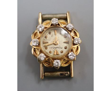 A lady's yellow metal and diamond set Jager LeCoultre manual wind wrist watch, diameter 16mm, gross 6.4 grams.